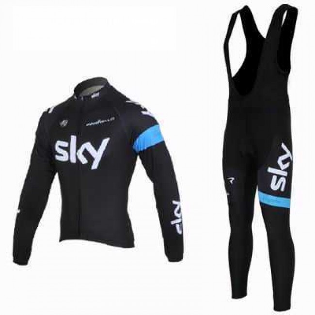 2013 Teams Sky Fahrradbekleidung Radtrikot Langarm+Lang Trägerhose Bib Schwarz blau 03EOU